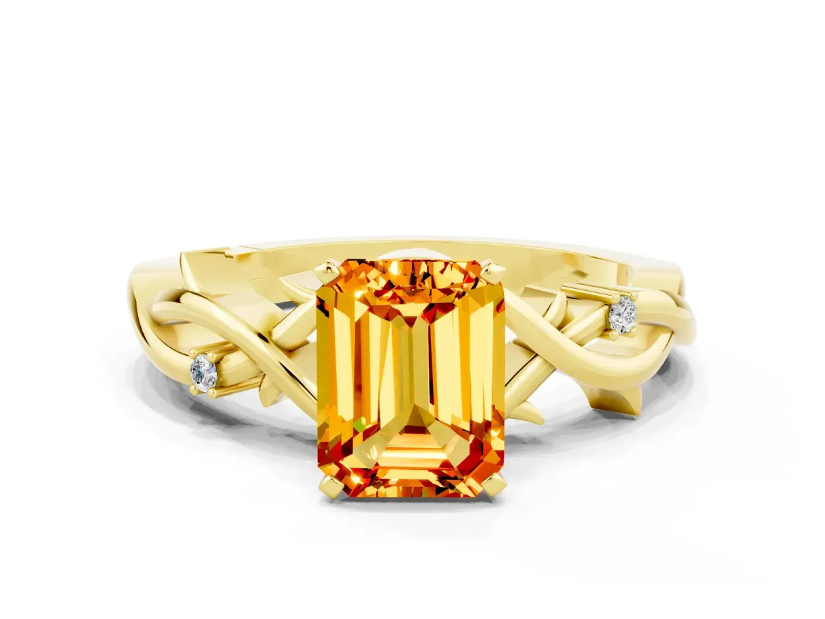 Emerald Cut Citrine Solitaire Ring with Twisted Band and Prong Setting Yellow gold