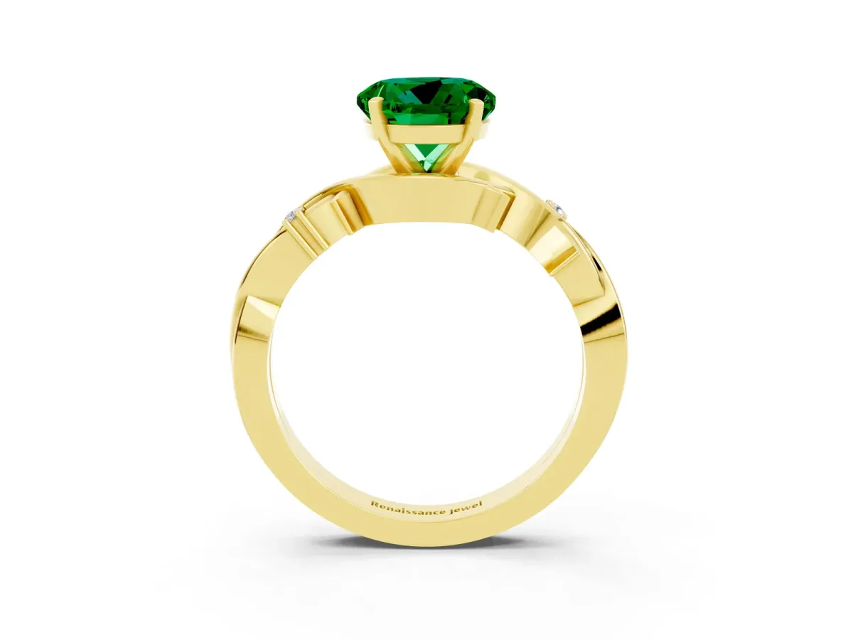 Round Cut Emerald Solitaire Ring with Twisted Band and Prong Setting Yellow gold