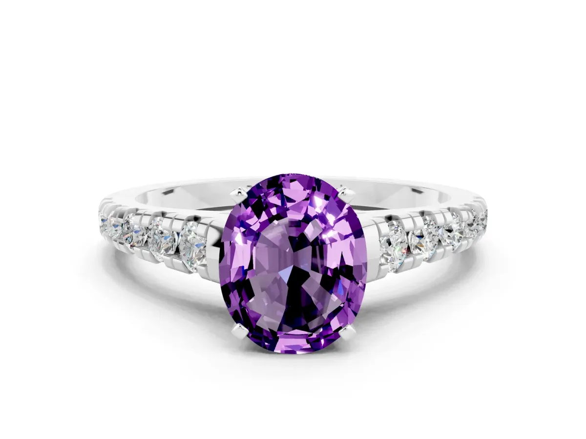 Oval Cut Amethyst Cathedral Solitaire Ring with Round Pavé Band Silver