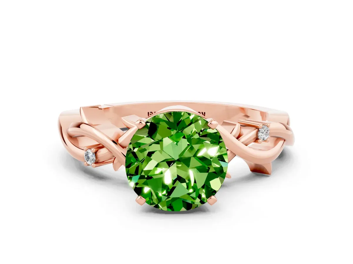 Round Cut Peridot Solitaire Ring with Twisted Band and Prong Setting Rose gold