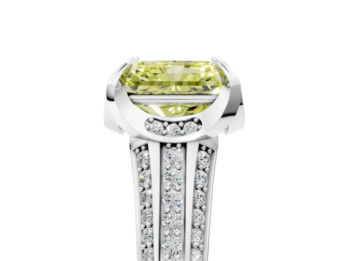Fancy Yellow Radiant Cut Solitaire Pave Split Shank Ring with Four-Prong Setting Platinum