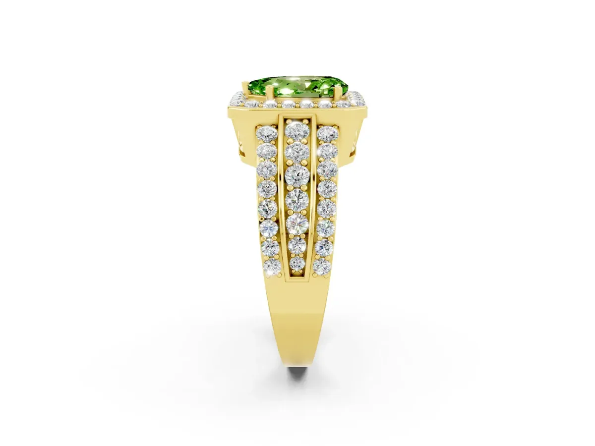 Pear Cut Halo Peridot Ring with Round Split Shank and Prong Setting Yellow gold