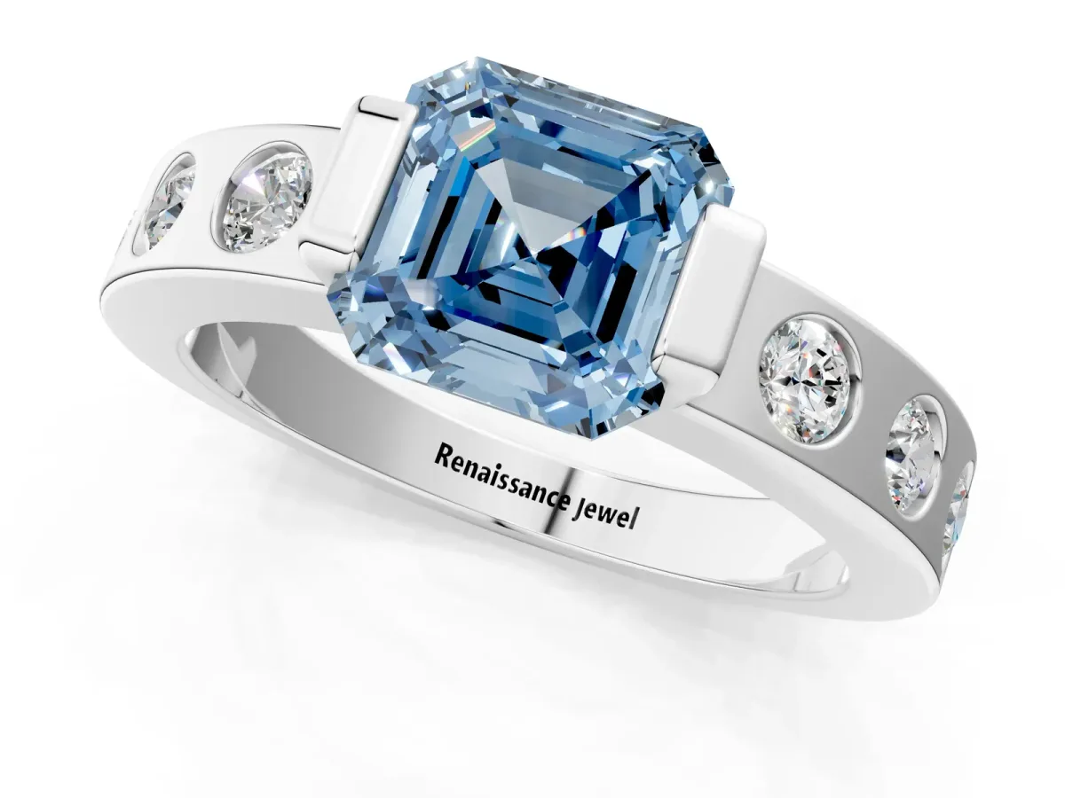 Fancy Blue Asscher Cut Brilliant Channel-Set Diamond Ring with Bezel Prong Setting Platinum