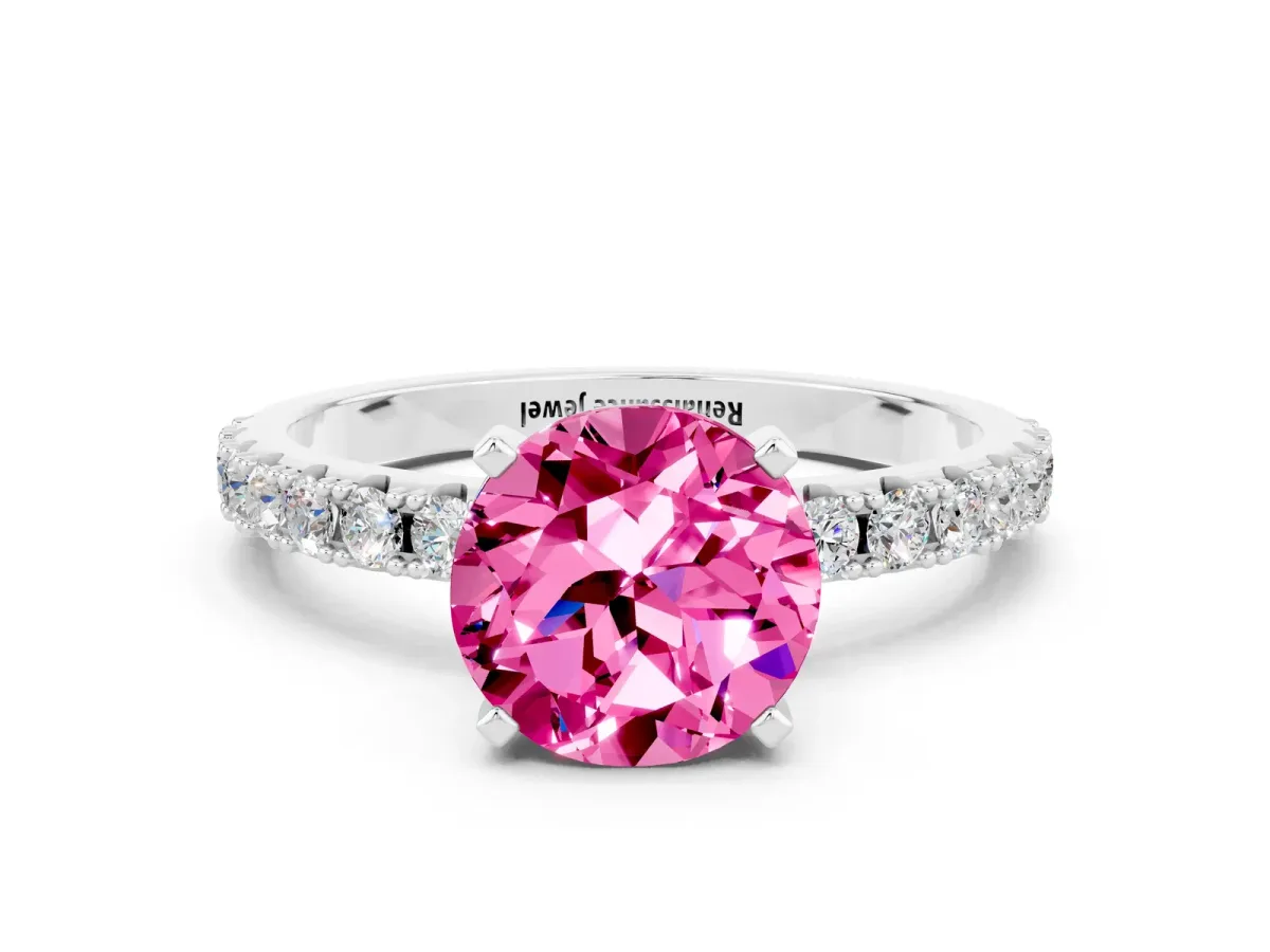 Round Cut Pink Sapphire Solitaire Pavé Band with Four-Prong Setting Silver