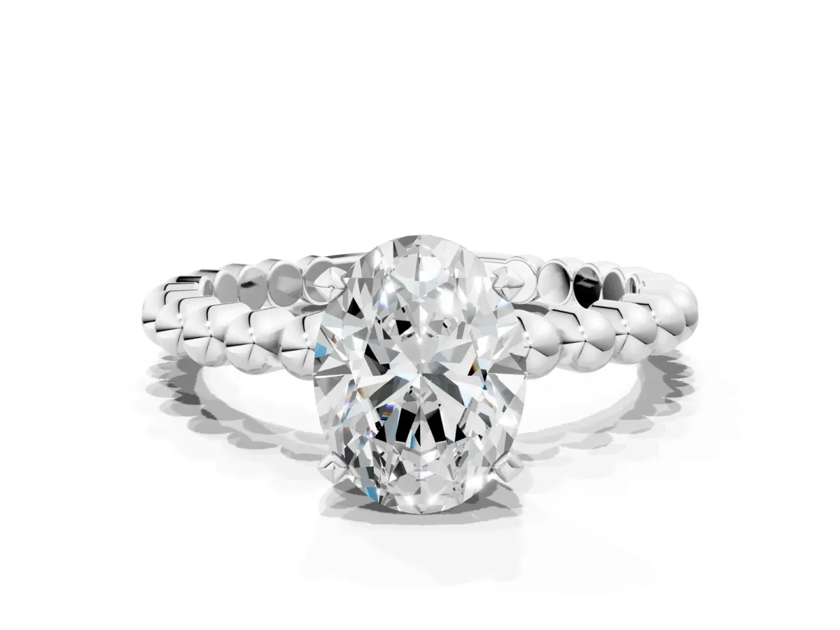 Oval Cut Diamond Solitaire Ring with Beaded Band and Prong Setting Silver