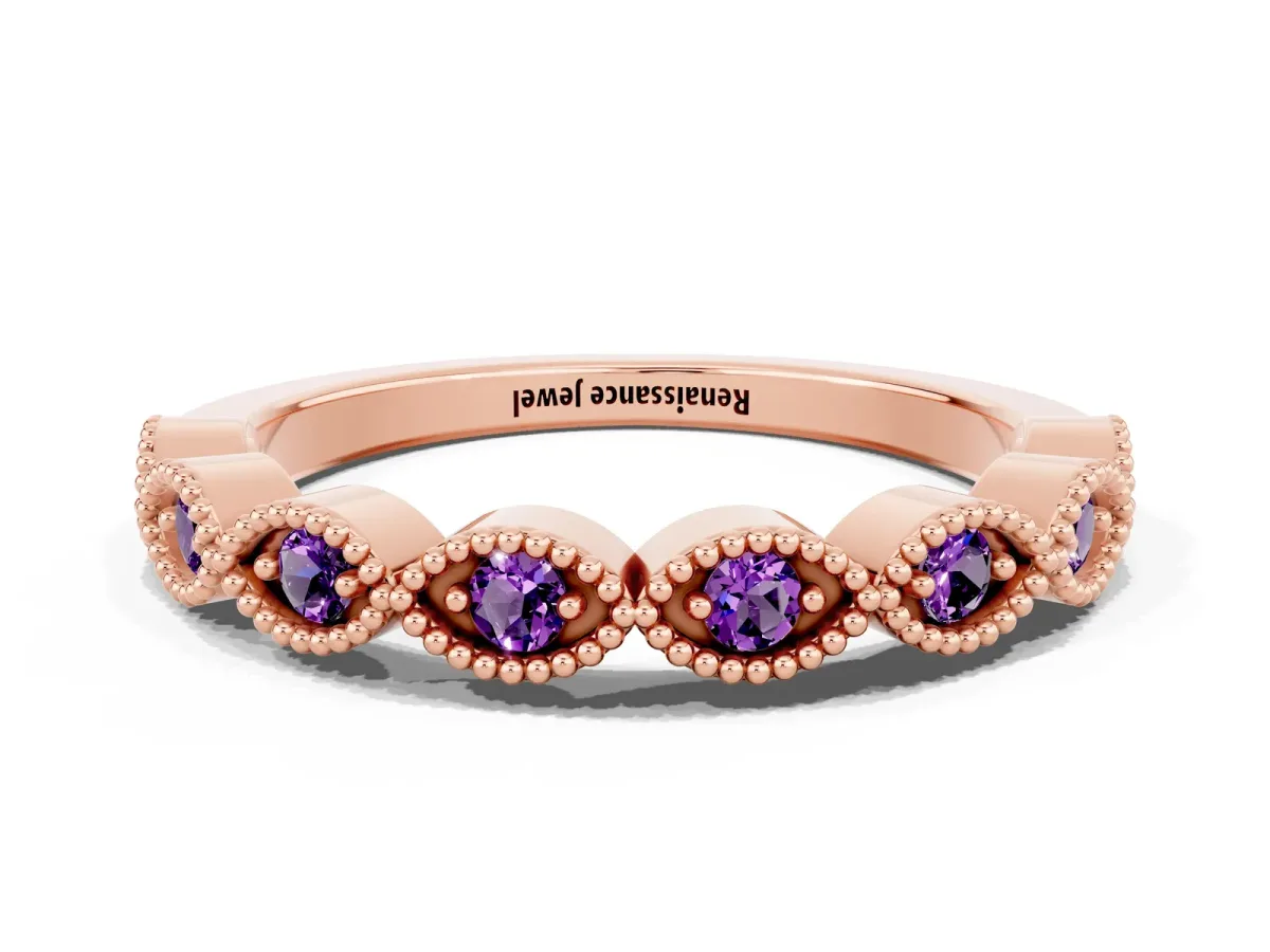 Milgrain Marquise Amethyst Half Eternity Band with Bezel Setting Rose gold