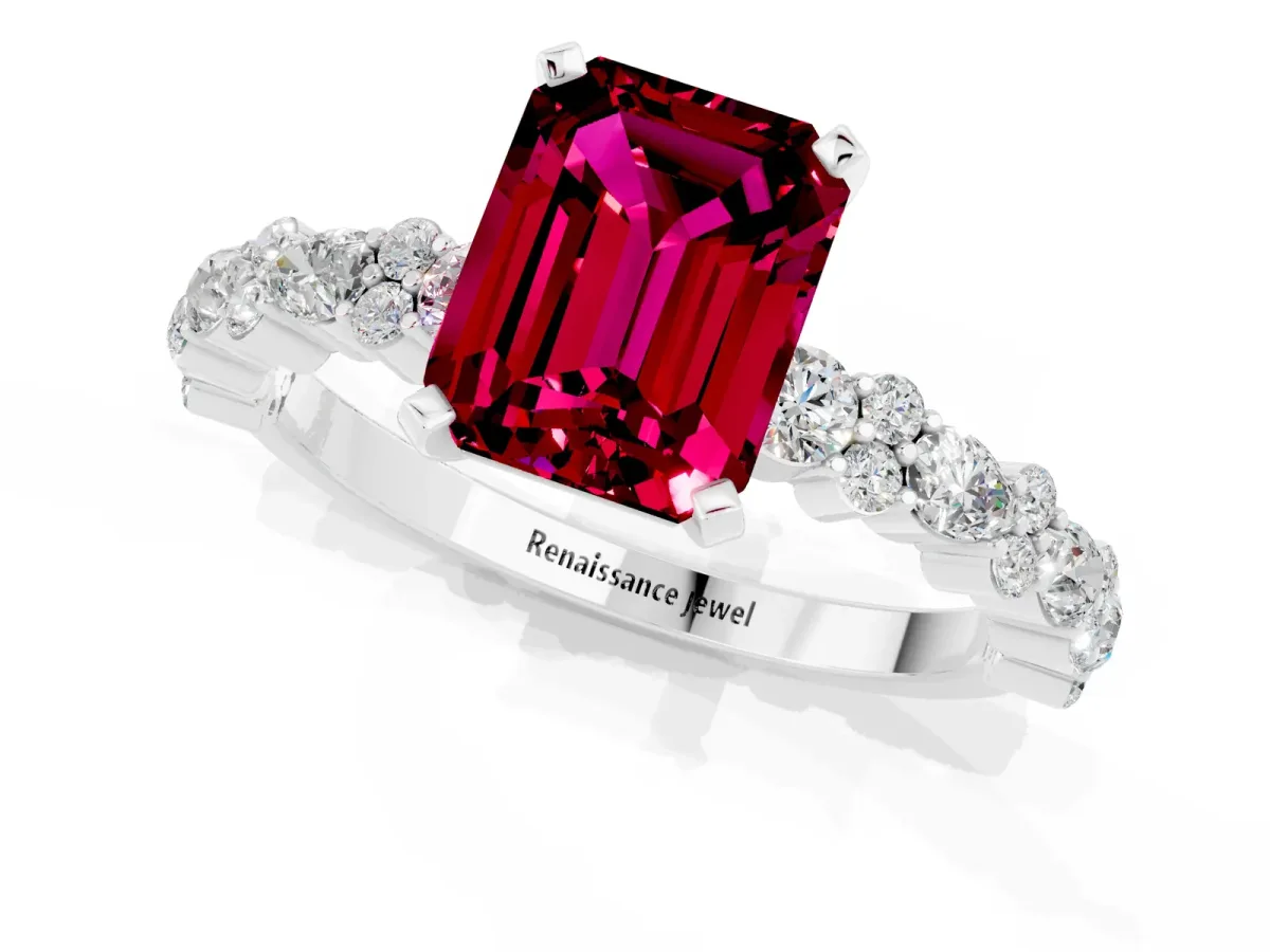 Emerald Cut Garnet Side Stone Solitaire Ring with Round and Four-Prong Setting White gold