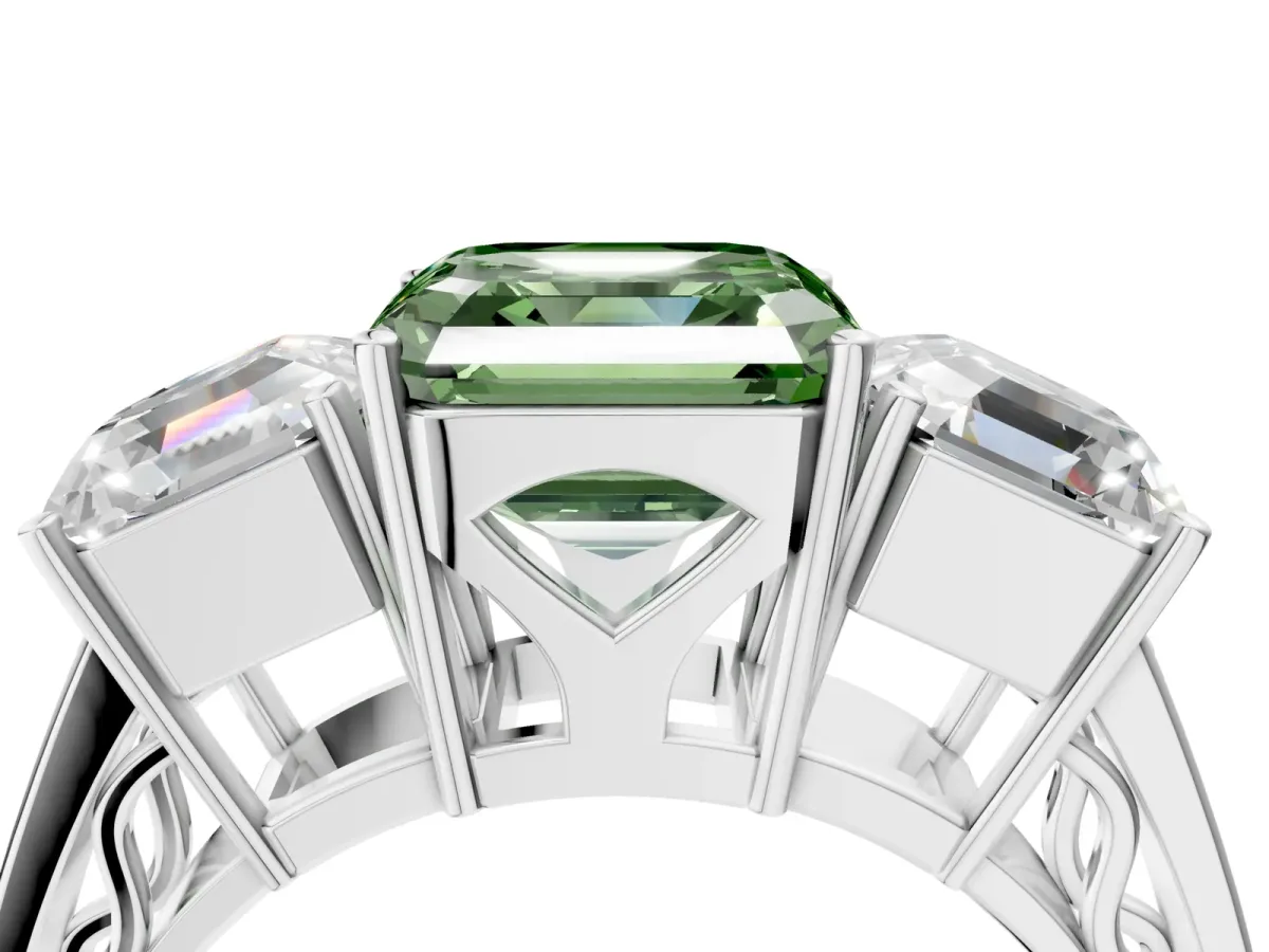 Fancy Green Asscher Cut Diamond Three-Stone Ring with Prong Setting and Textured Band Platinum