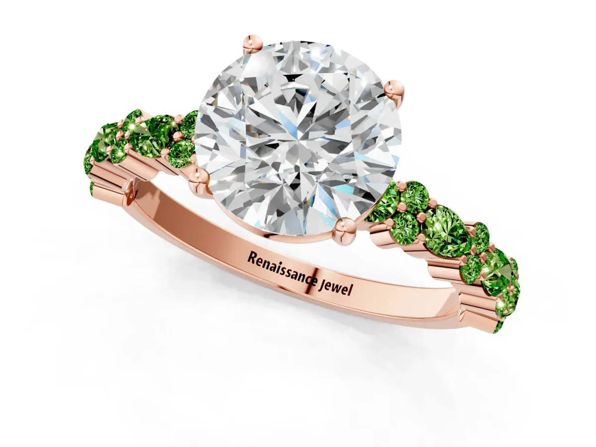 Round Cut Diamond Side Stone Solitaire Ring with Round Peridot and Four-Prong Setting Rose gold