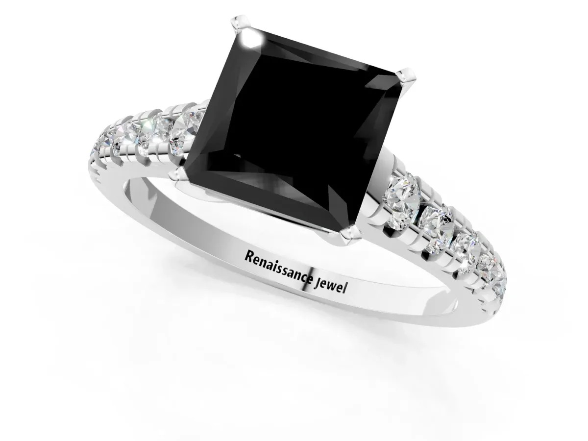 Fancy Black Princess Cut Diamond Cathedral Solitaire Ring with Round Pavé Band Silver