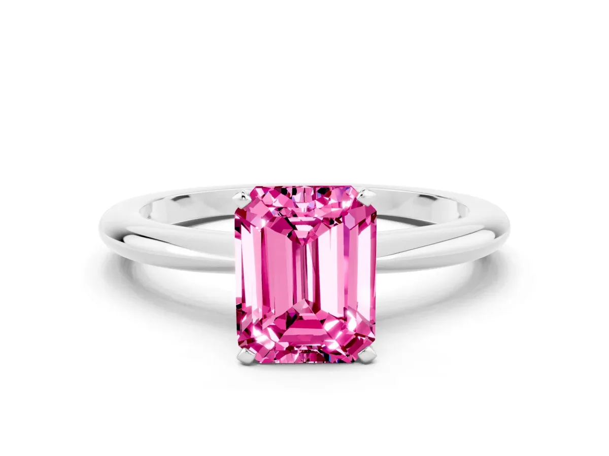 Emerald Cut Pink Sapphire Solitaire Ring with Six-Prong Setting and Classic Band Silver