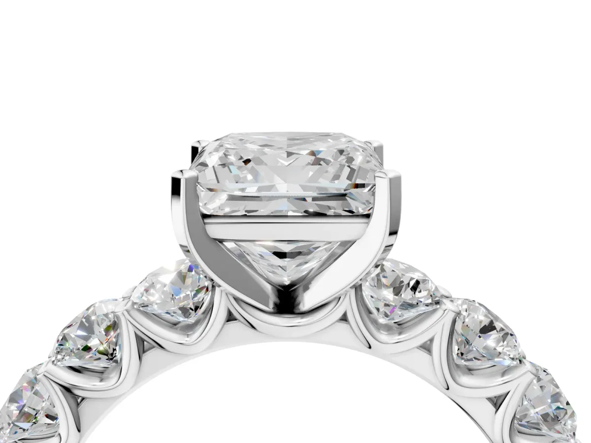 Princess Cut Diamond Prong Setting with Side Stones on a Pave Band Silver