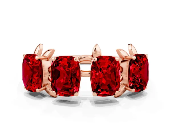 Four-Stone Elongated Cushion Ruby Band with Nature-Inspired Prong Setting Rose gold