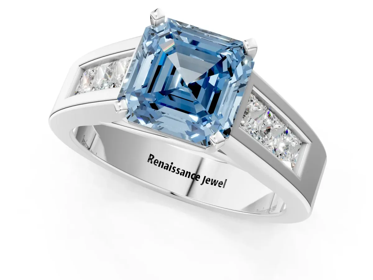 Fancy Blue Asscher Cut Cut Channel Set Solitaire Ring with Four-Prong Setting White gold