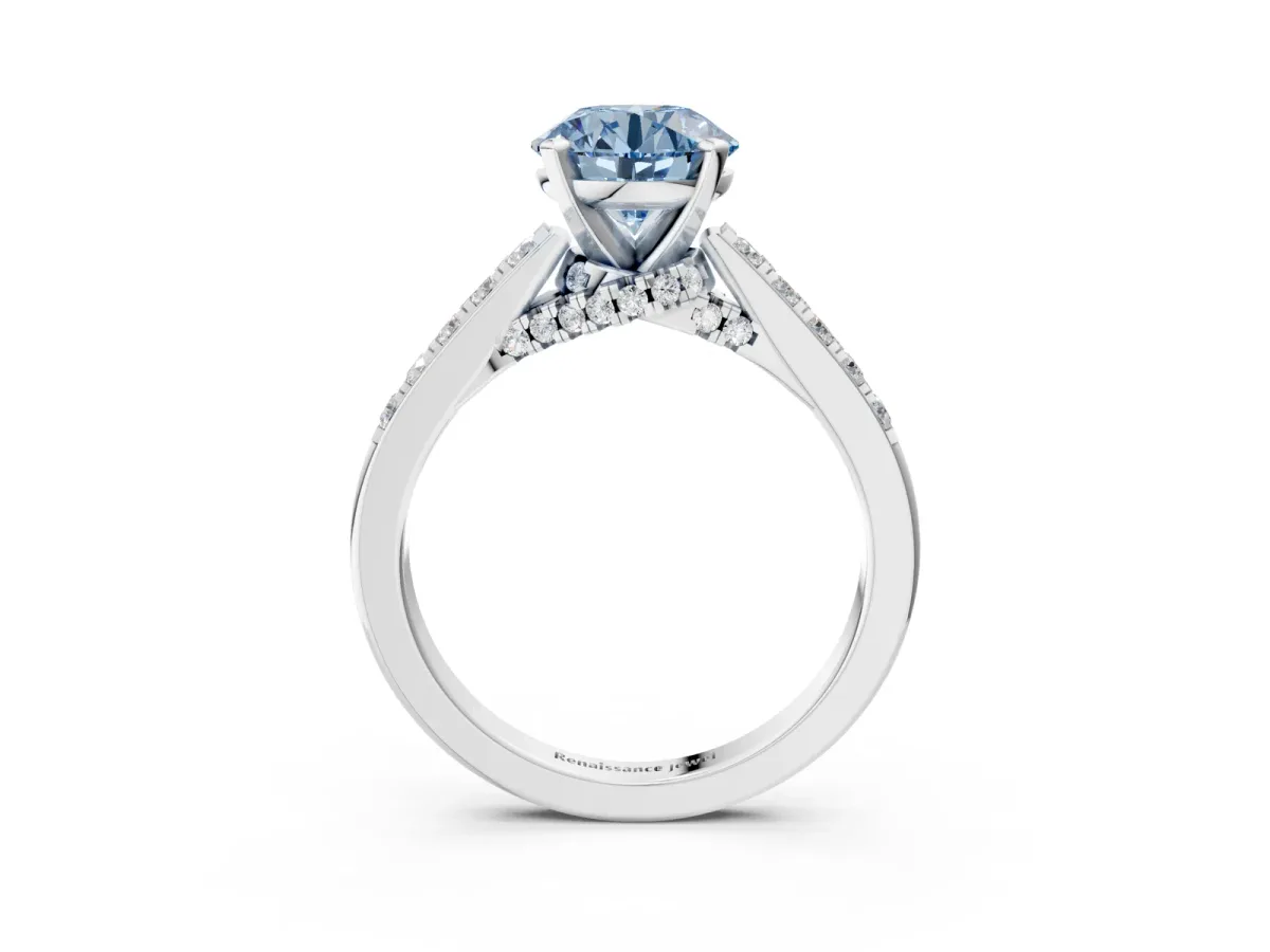 Fancy Blue Round Cut Diamond Solitaire Ring with Crossover Gallery and Round Pavé Band Silver