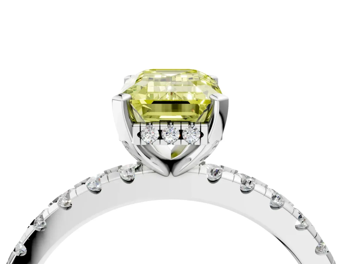 Fancy Yellow Emerald Cut Diamond Solitaire Ring with Round Pavé Band and Four-Prong Setting Silver