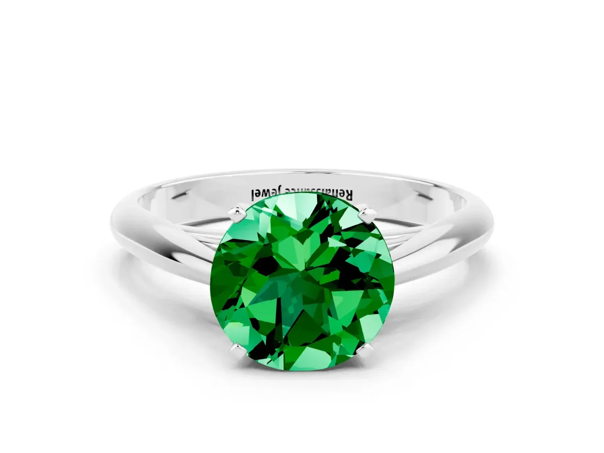 Round Cut Emerald Solitaire Engagement Ring with Cathedral Setting and Four-Prong Mount White gold