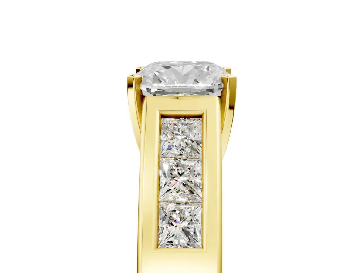 Cushion Cut Cut Channel Set Solitaire Ring with Four-Prong Setting Yellow gold