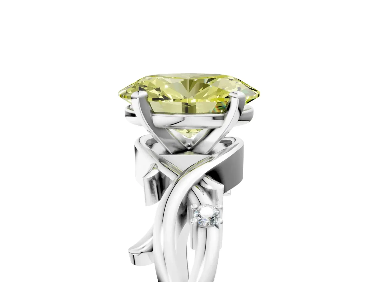 Fancy Yellow Oval Cut Diamond Solitaire Ring with Twisted Band and Prong Setting Platinum