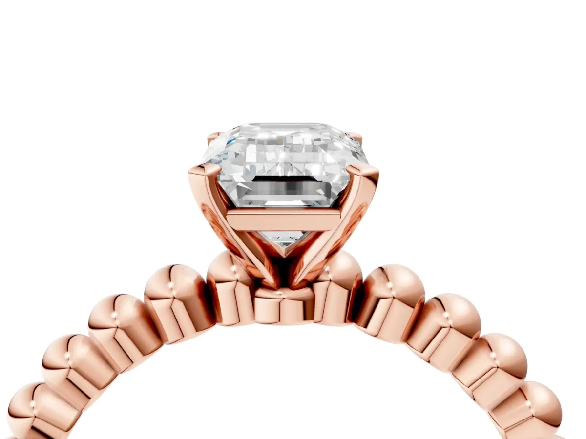 Emerald Cut Diamond Solitaire Ring with Beaded Band and Prong Setting Rose gold