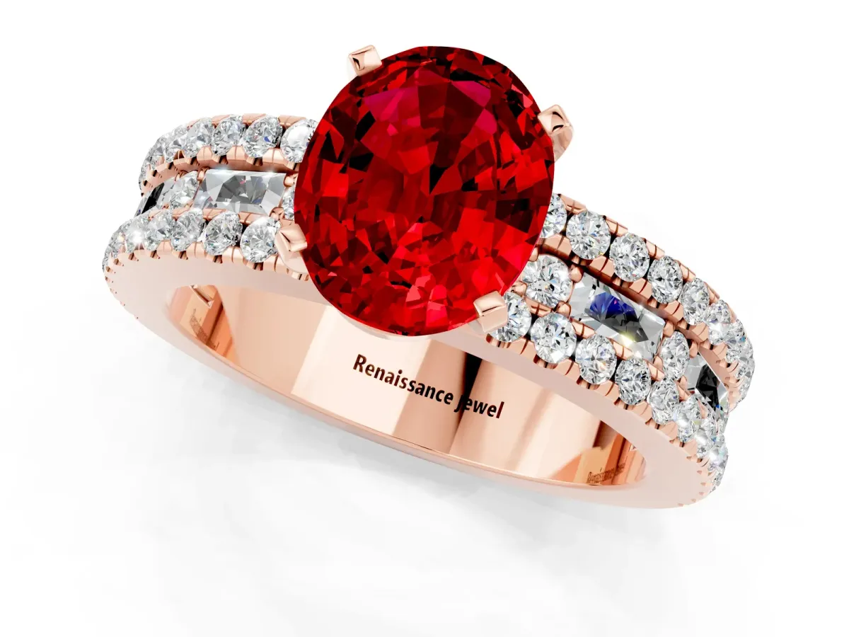 Oval Cut Ruby Solitaire Ring with Pavé and Channel Set Band Rose gold