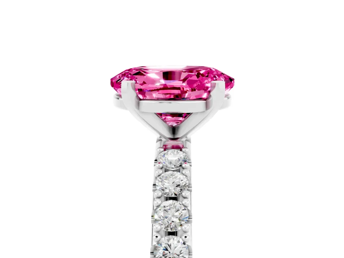 Oval Cut Pink Sapphire Solitaire Pavé Band with Four-Prong Setting Silver