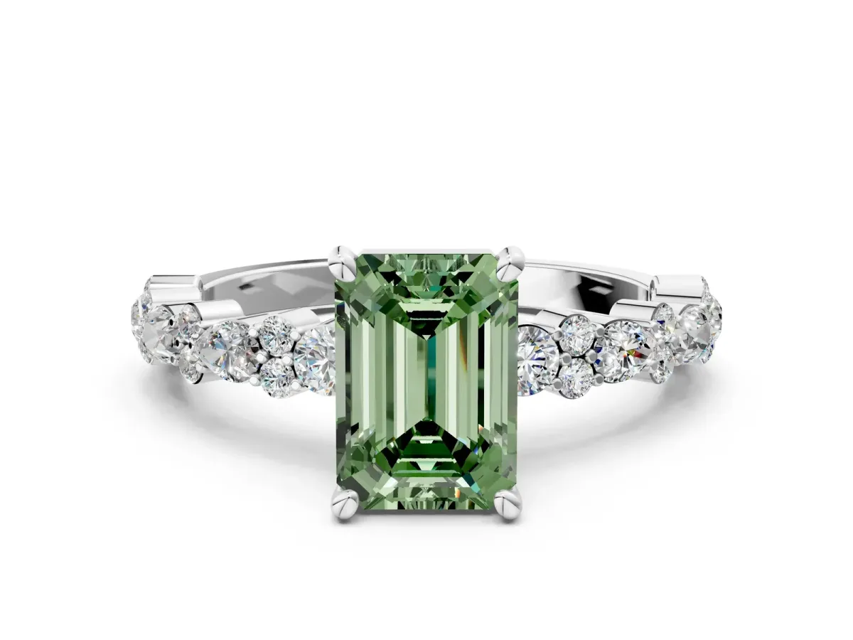 Fancy Green Emerald Cut Diamond Side Stone Solitaire Ring with Round and Four-Prong Setting White gold