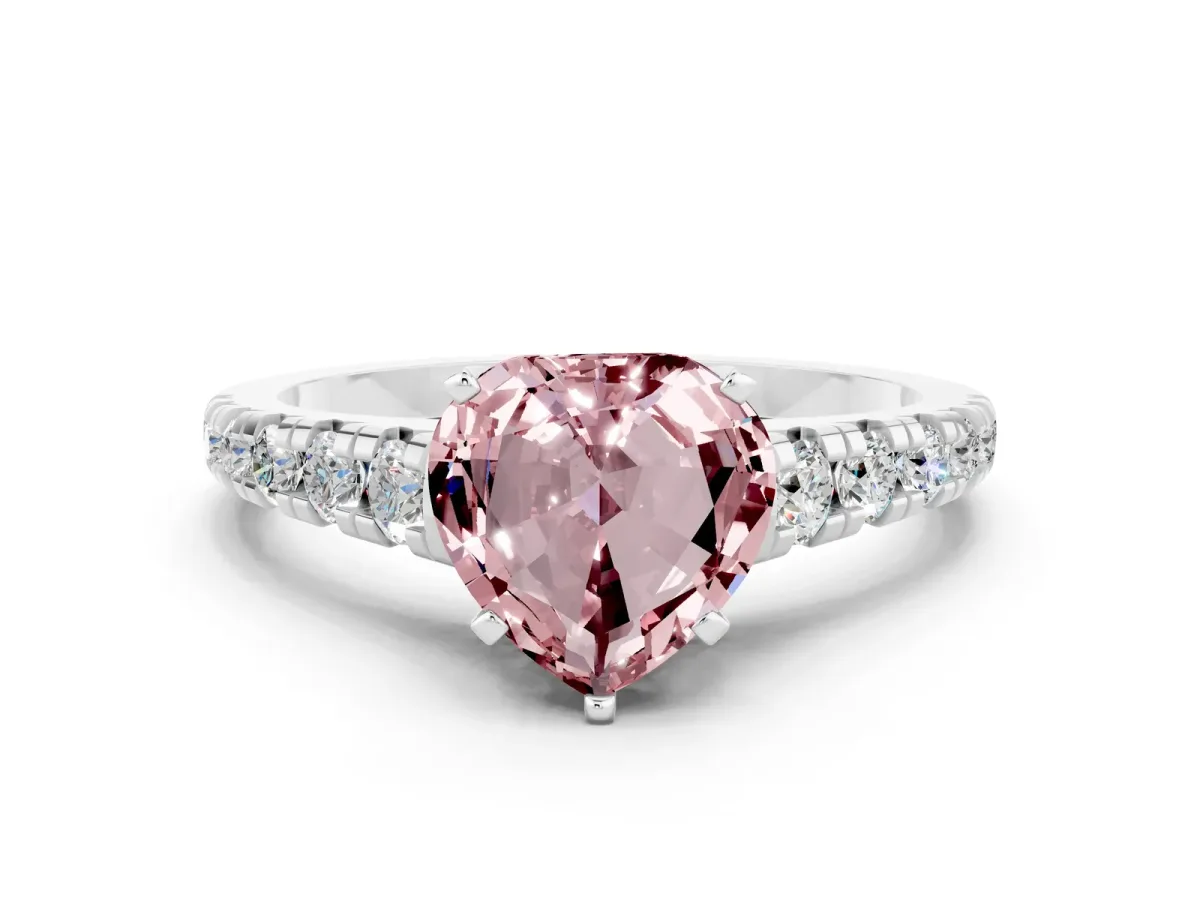 Heart Cut Morganite Cathedral Solitaire Ring with Round Pavé Band Silver