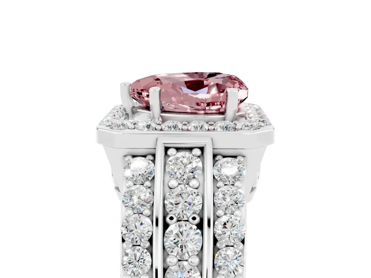 Heart Cut Halo Morganite Ring with Round Split Shank and Prong Setting Silver