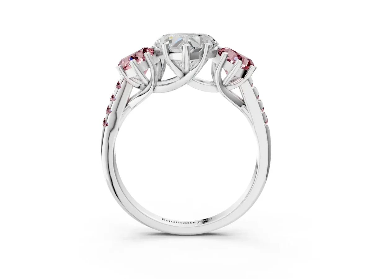 Three-Stone Heart Cut Diamond Ring with Round Morganite Pavé Band and Prong Setting Silver