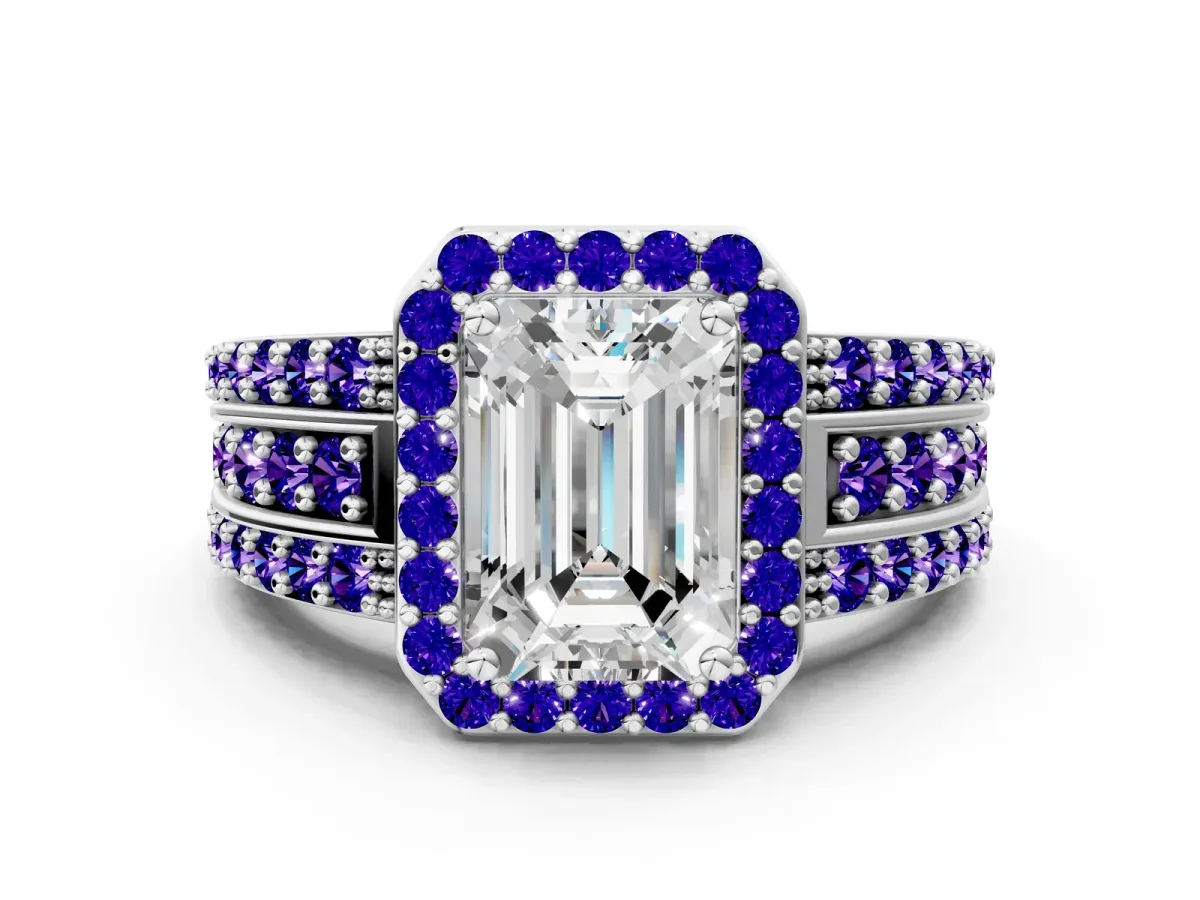 Emerald Cut Halo Diamond Ring with Round Tanzanite Split Shank and Prong Setting Platinum