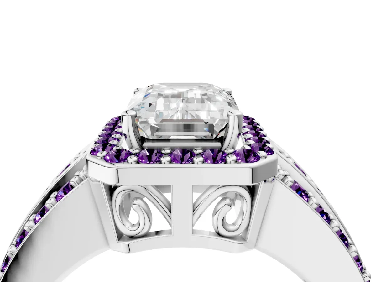 Emerald Cut Halo Diamond Ring with Round Amethyst Split Shank and Prong Setting Silver