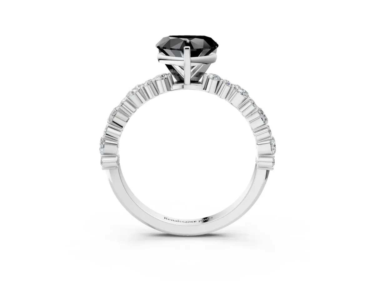 Fancy Black Heart Cut Diamond Side Stone Solitaire Ring with Round and Four-Prong Setting Silver