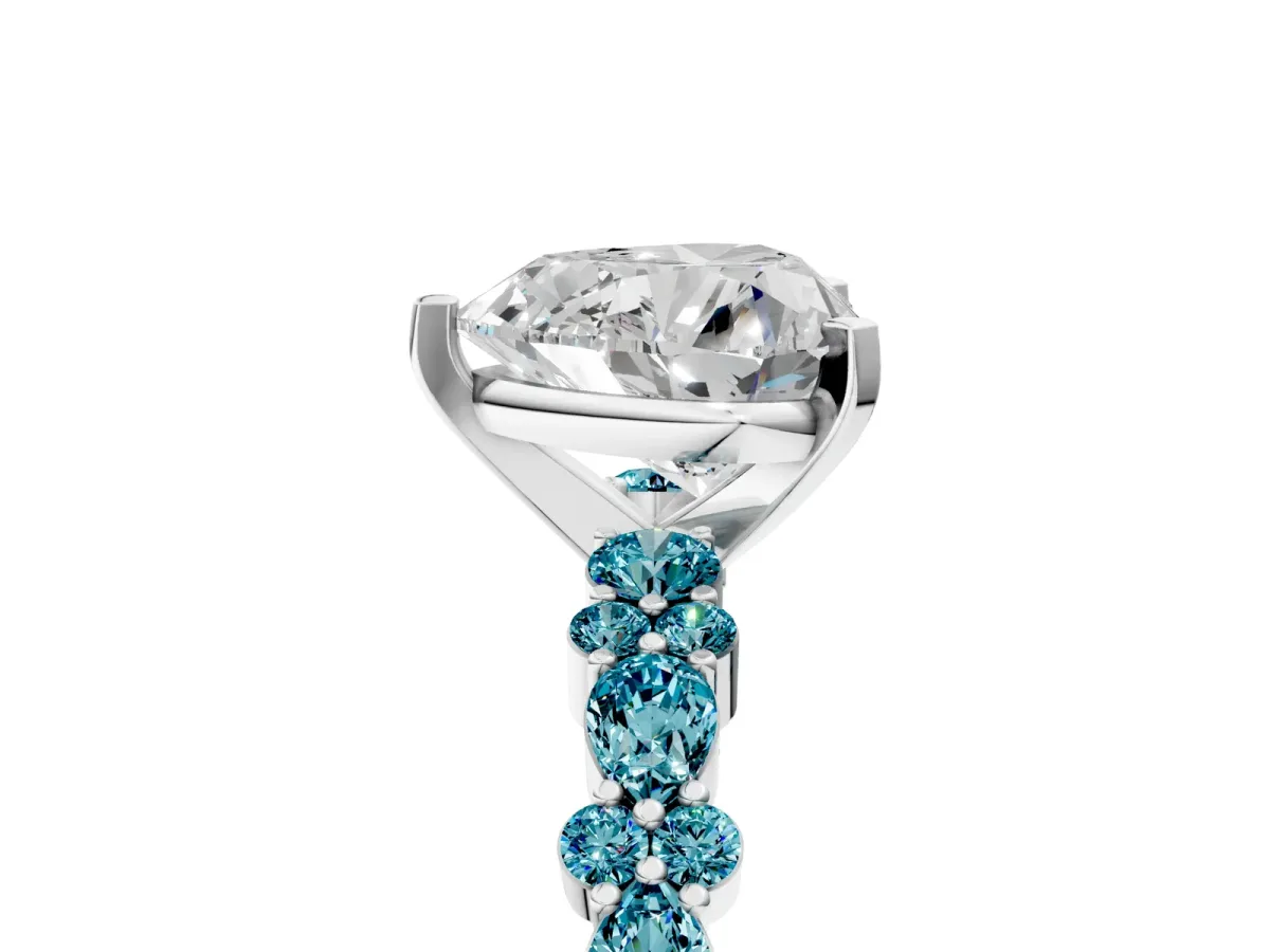 Heart Cut Diamond Side Stone Solitaire Ring with Round Blue Topaz and Four-Prong Setting Silver