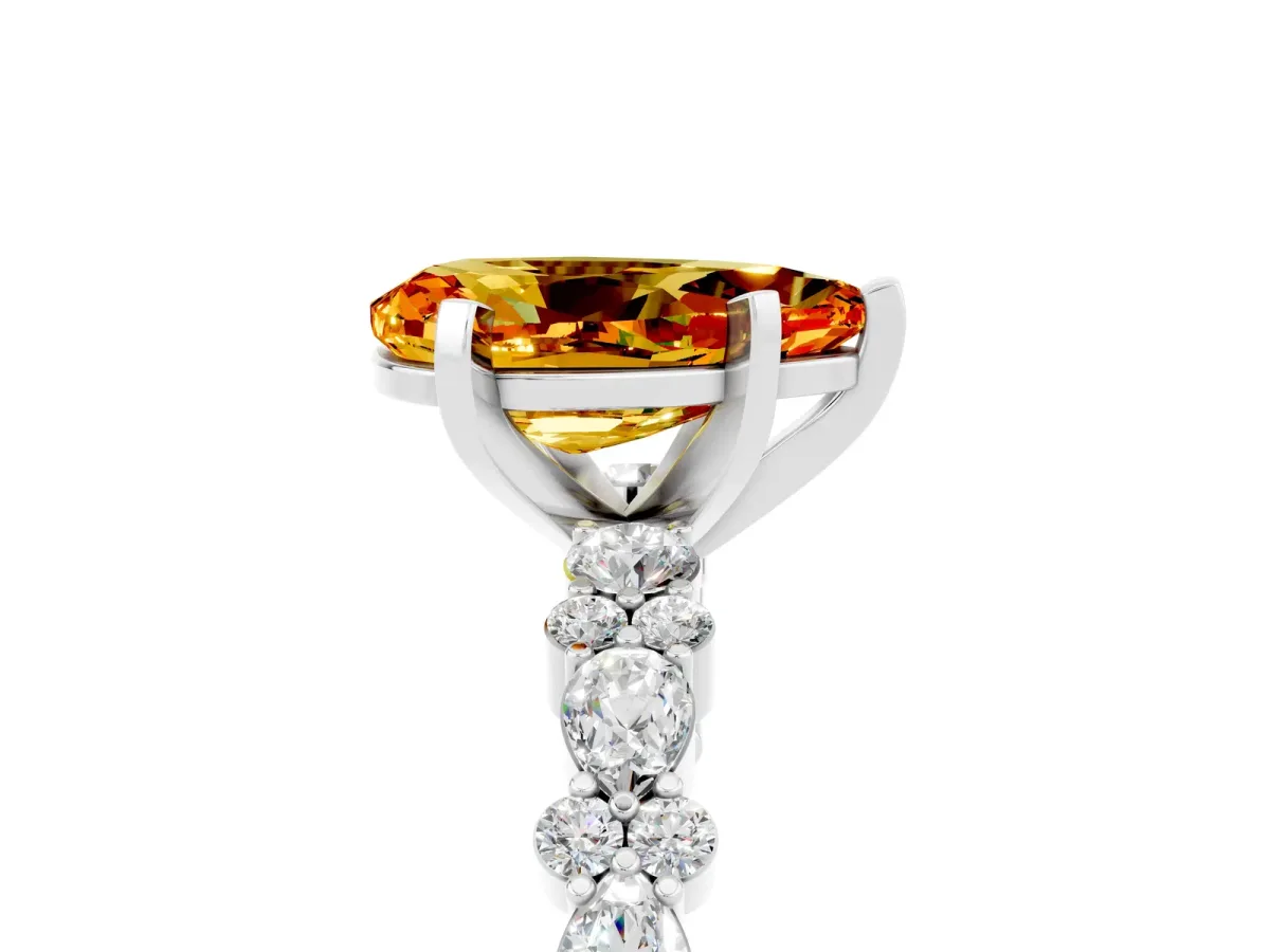 Pear Cut Citrine Side Stone Solitaire Ring with Round and Four-Prong Setting White gold