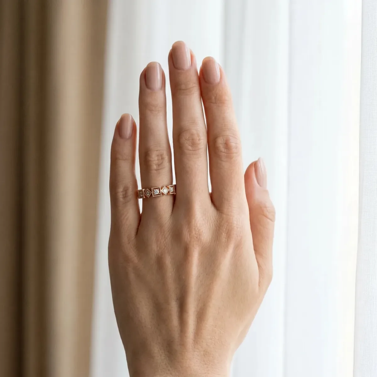 Milgrain Square Diamond Eternity Band with Bezel Setting Rose gold