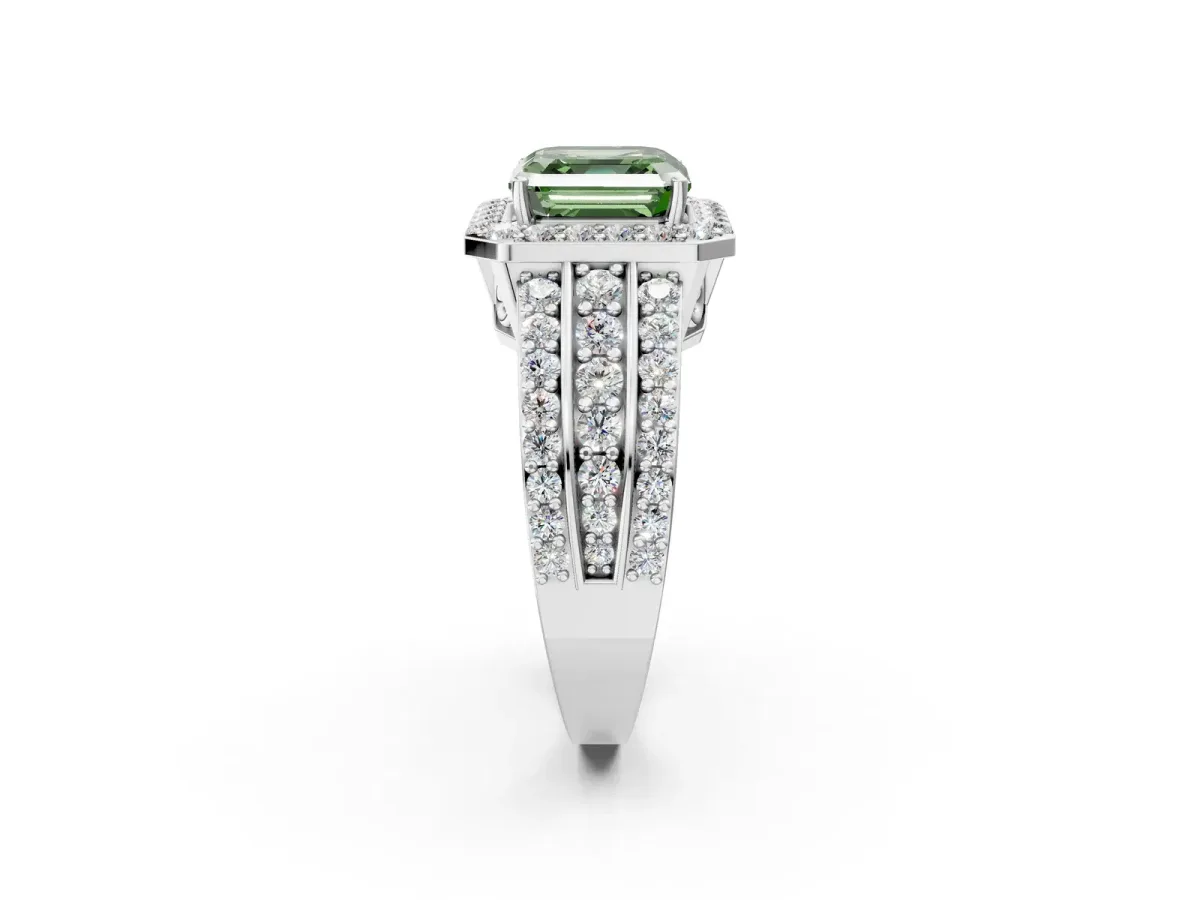 Fancy Green Asscher Cut Halo Diamond Ring with Round Split Shank and Prong Setting Platinum