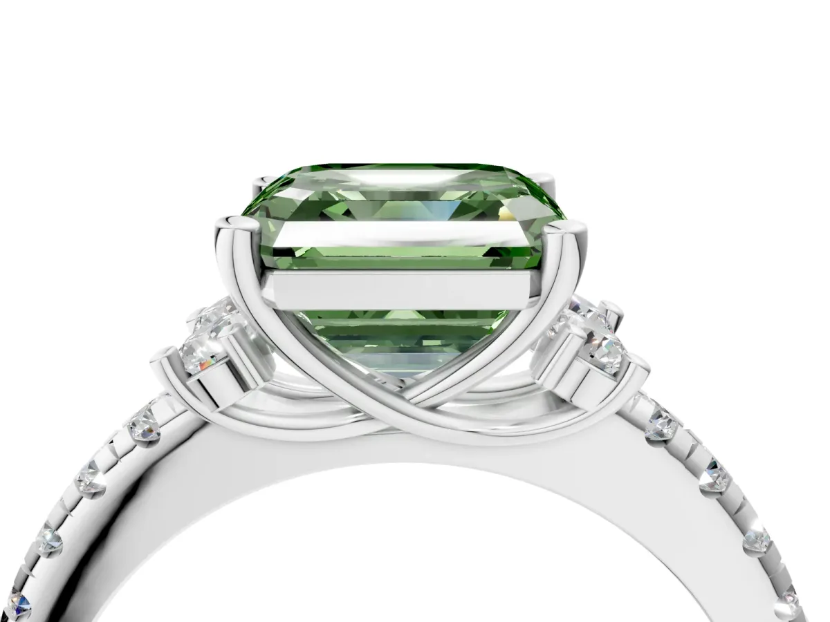 Fancy Green Asscher Cut Diamond Three-Stone Pave Band with Four-Prong Setting Platinum