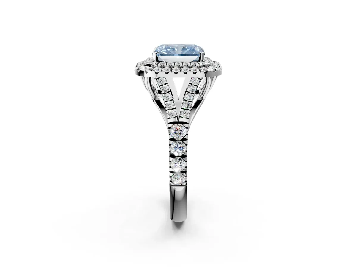 Fancy Blue Radiant Cut Diamond Pavé Split Shank Double Halo Engagement Ring Platinum