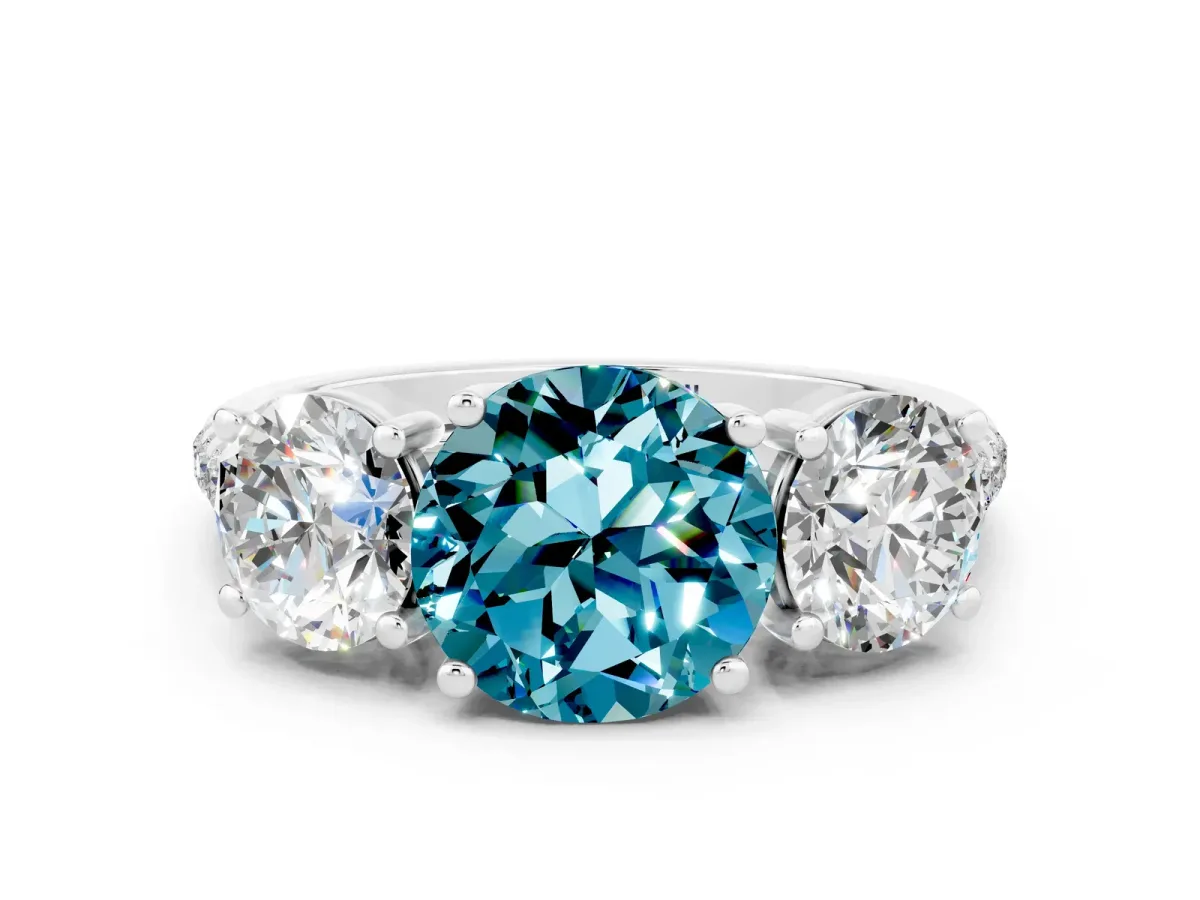 Three-Stone Round Cut Blue Topaz Ring with Round Pavé Band and Prong Setting Silver