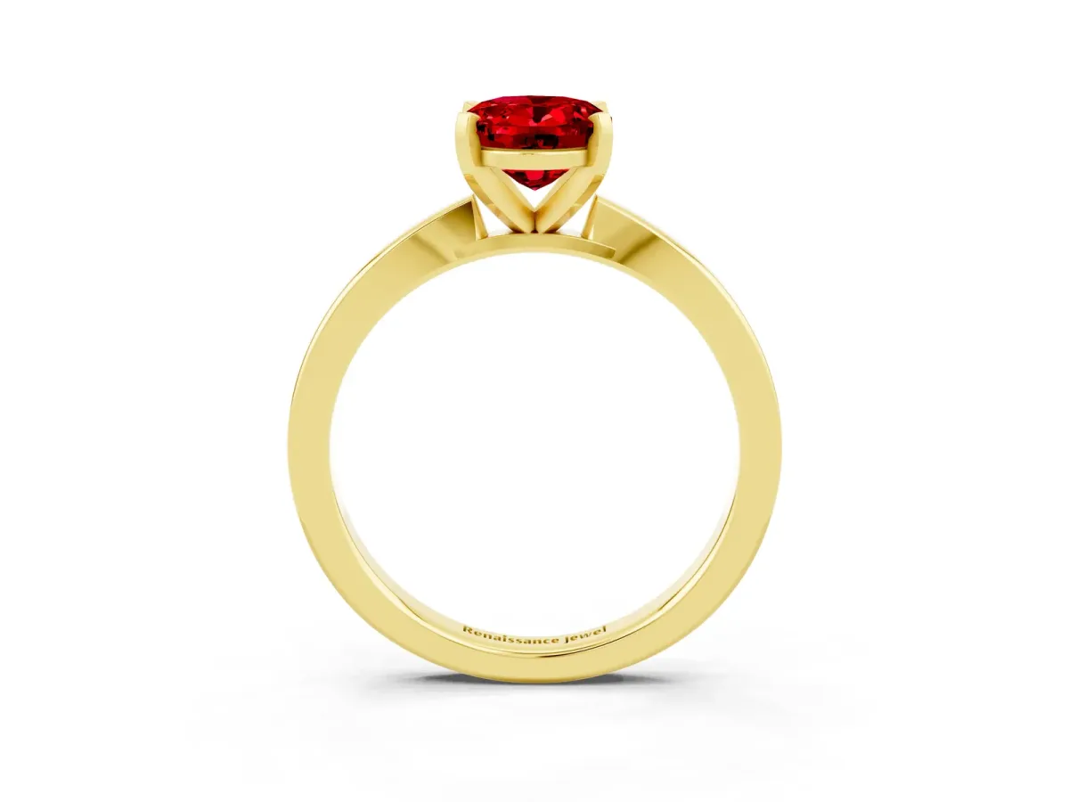 Oval Cut Ruby Solitaire Engagement Ring with Classic Band and Four-Prong Setting Yellow gold