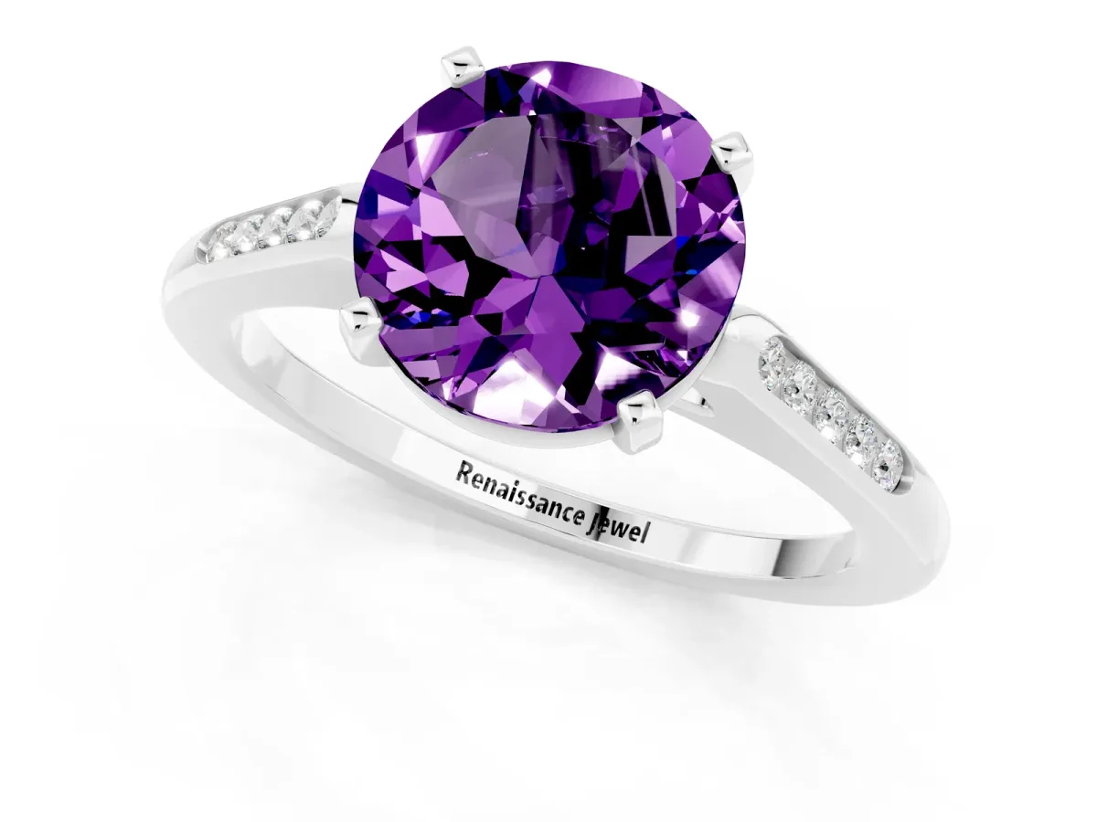 Round Cut Amethyst Solitaire Ring with Channel Set Round Band and Prong Setting Platinum