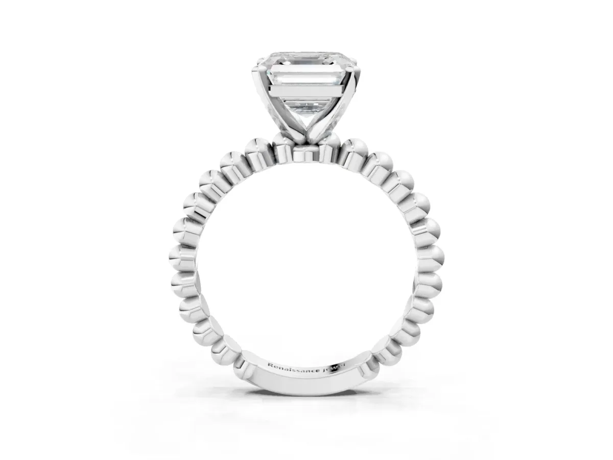 Asscher Cut Diamond Solitaire Ring with Beaded Band and Prong Setting Platinum