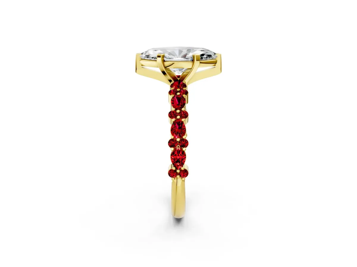 Marquise Cut Diamond Side Stone Solitaire Ring with Round Ruby and Four-Prong Setting Yellow gold