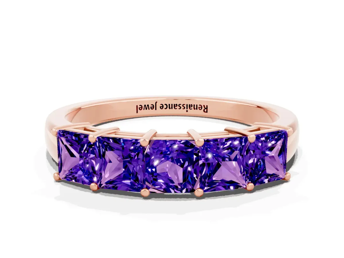 Princess Cut Five-Stone Tanzanite Band with Prong Setting Rose gold