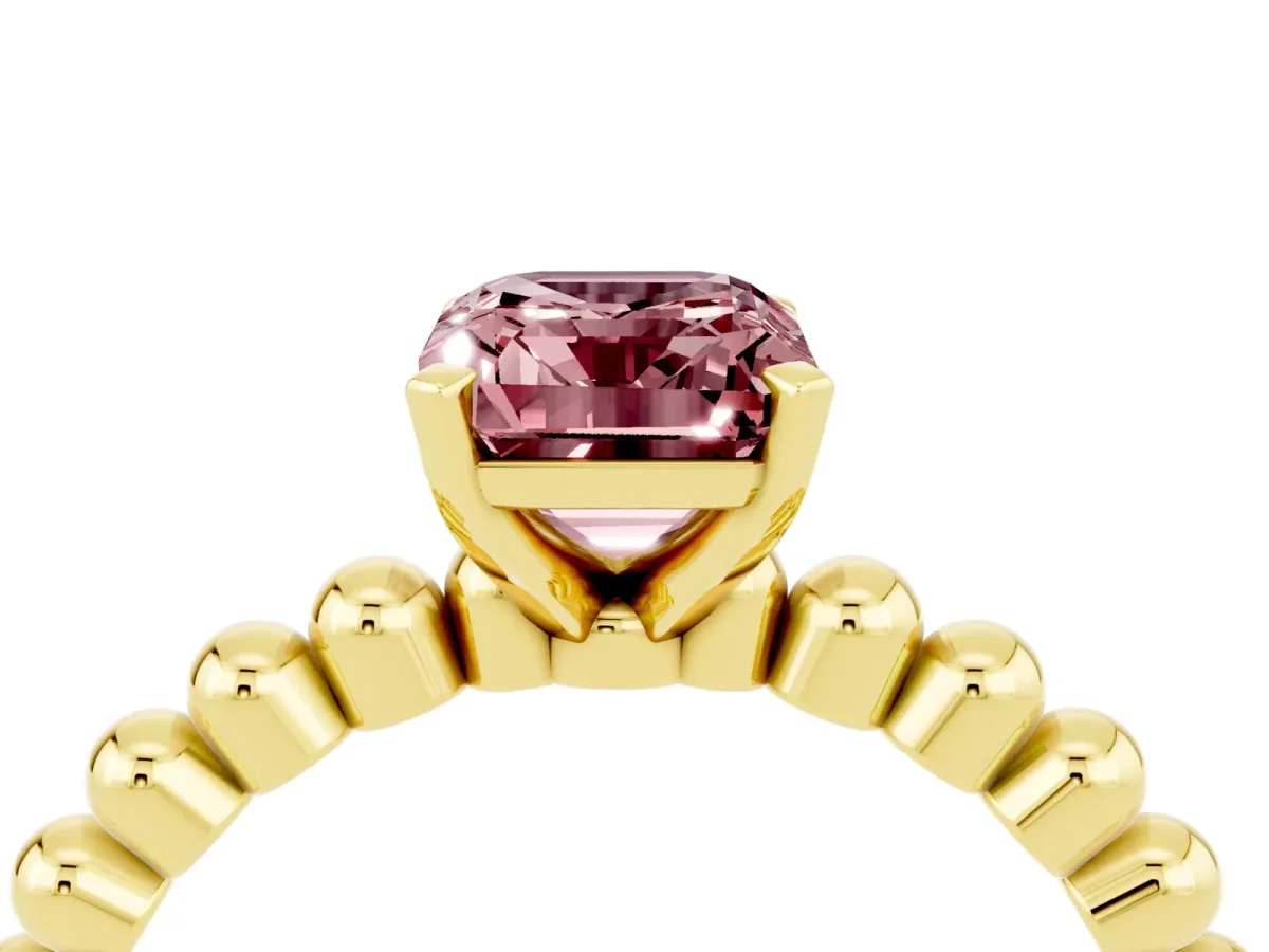 Emerald Cut Morganite Solitaire Ring with Beaded Band and Prong Setting Yellow gold