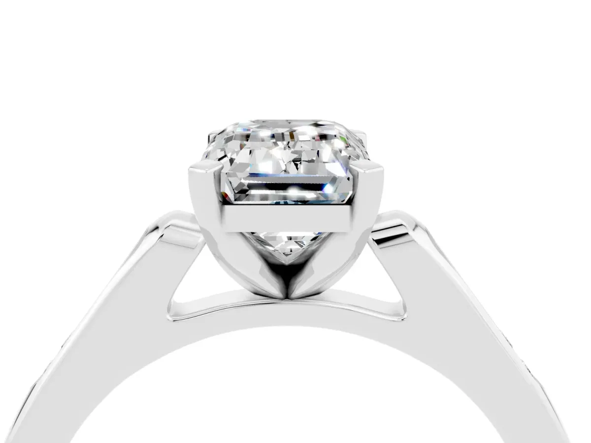 Emerald Cut Moissanite Solitaire Ring with Channel Set Round Band and Prong Setting Silver