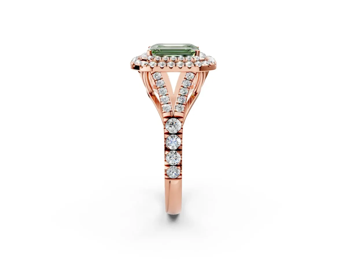 Fancy Green Emerald Cut Diamond Double Halo Ring with Split Shank and Prong Setting Rose gold