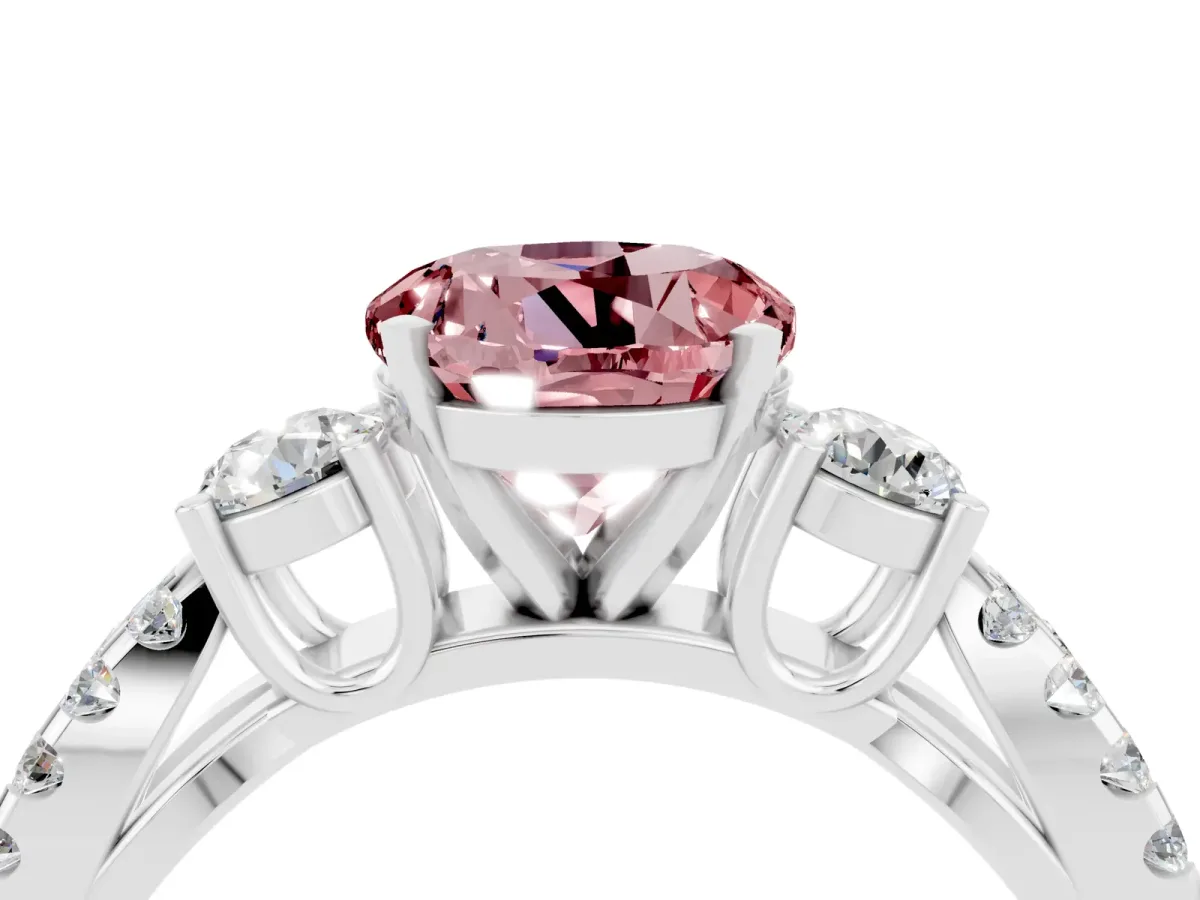Round Cut Morganite Three-Stone Ring with Pavé Split Shank and Four-Prong Setting Silver