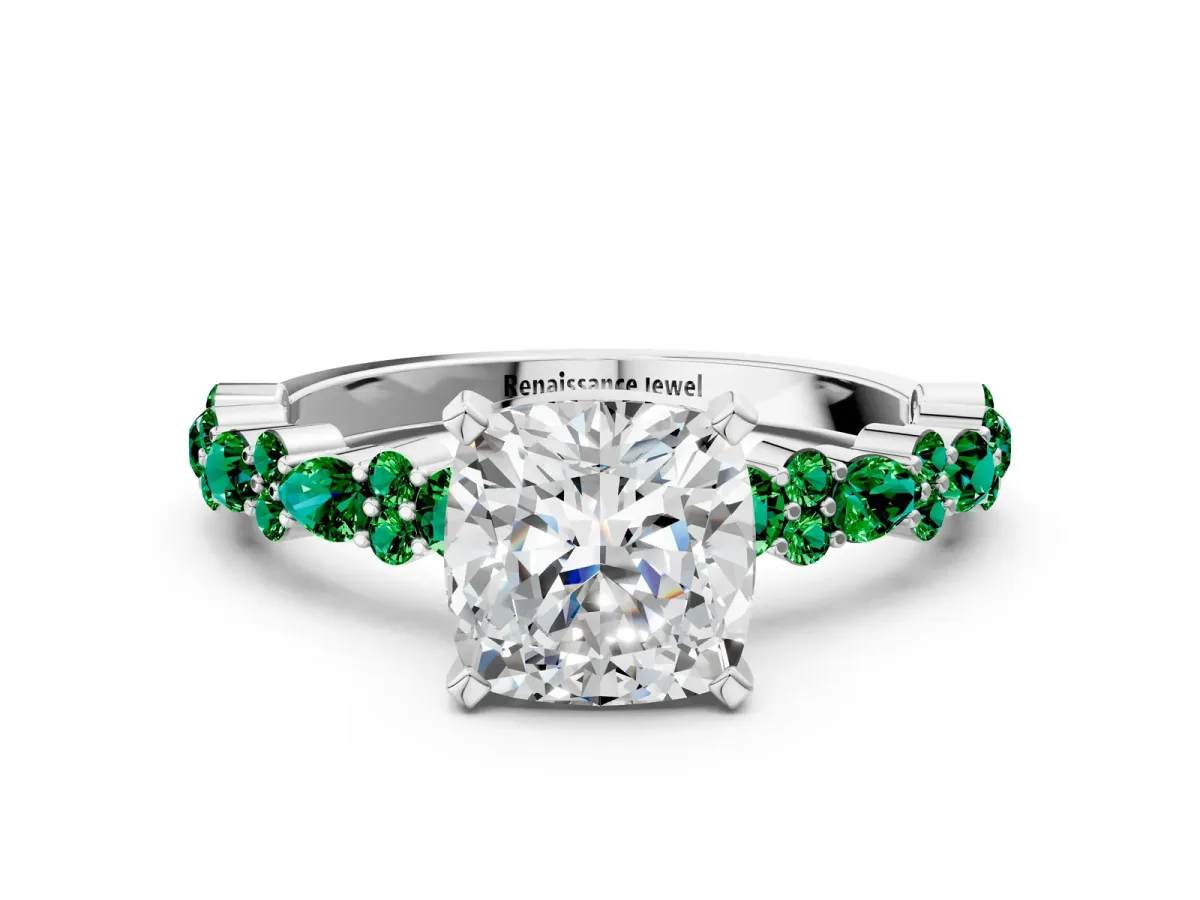 Cushion Cut Diamond Side Stone Solitaire Ring with Round Emerald and Four-Prong Setting Platinum